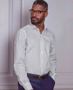 Khaki White Stripe Cotton Classic Fit Formal Shirt - Single Cuff