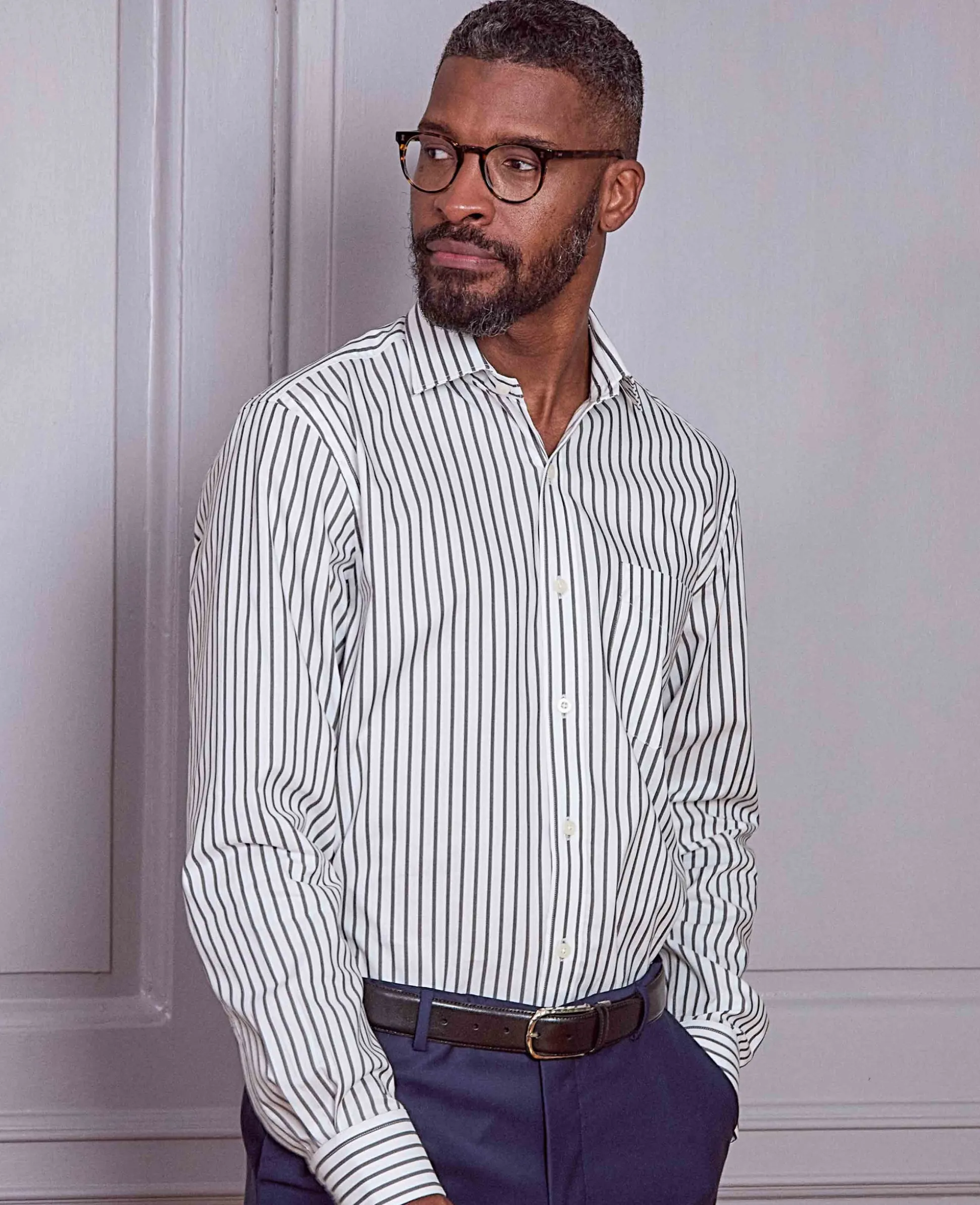 Khaki White Stripe Cotton Classic Fit Formal Shirt - Single Cuff