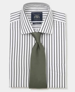 Khaki White Stripe Cotton Classic Fit Formal Shirt - Single Cuff