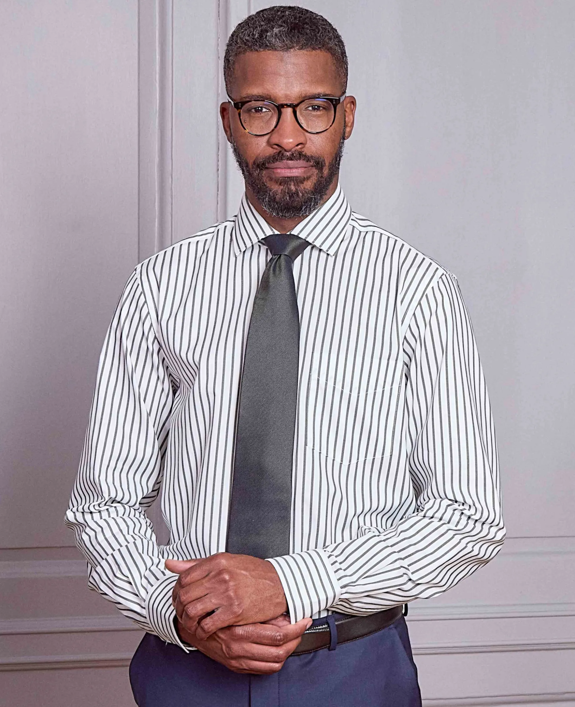 Khaki White Stripe Cotton Classic Fit Formal Shirt - Single Cuff
