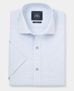 Light Blue Cotton Check Classic Fit Short Sleeve Formal Shirt