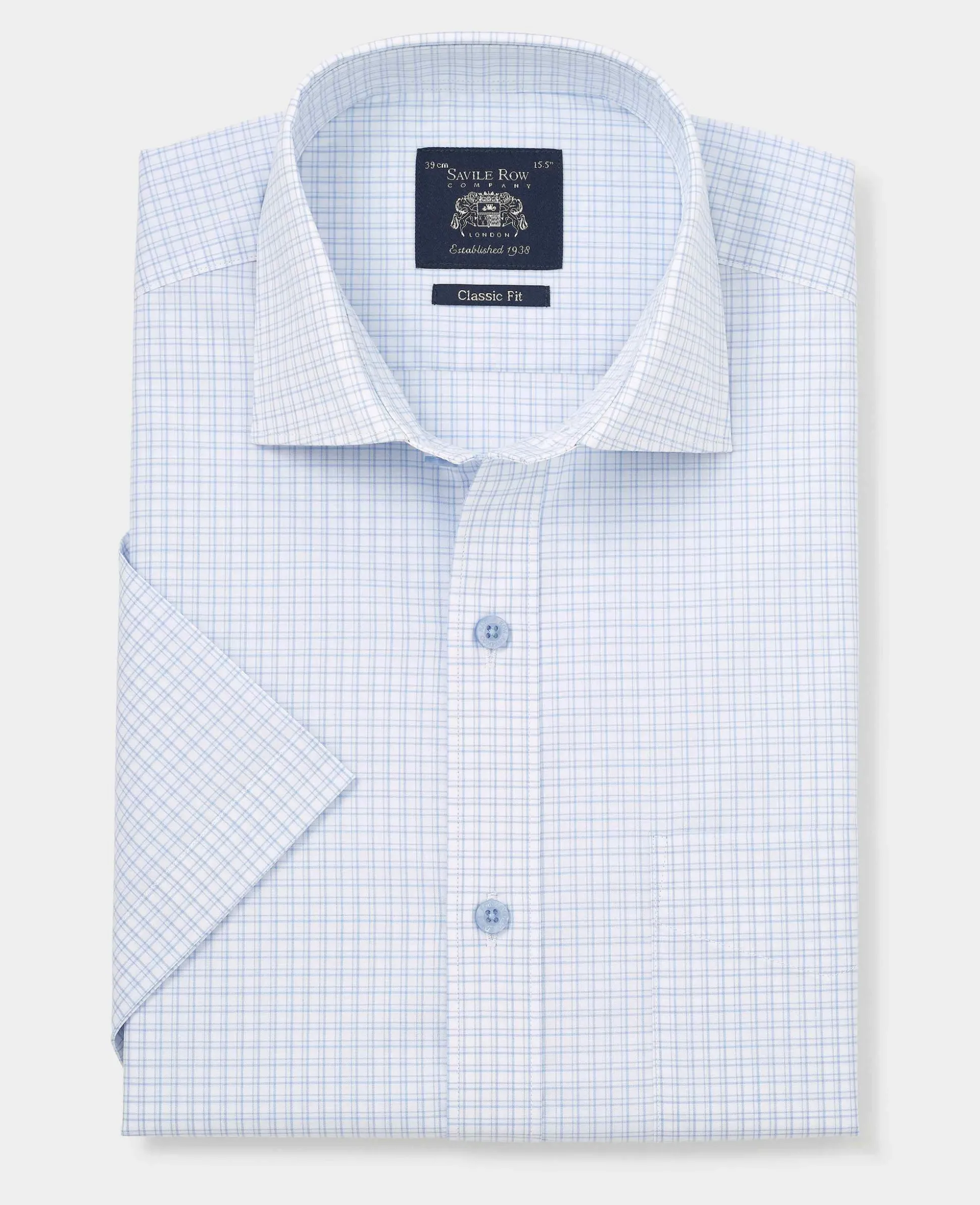 Light Blue Cotton Check Classic Fit Short Sleeve Formal Shirt