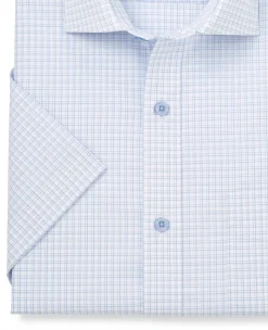 Light Blue Cotton Check Classic Fit Short Sleeve Formal Shirt