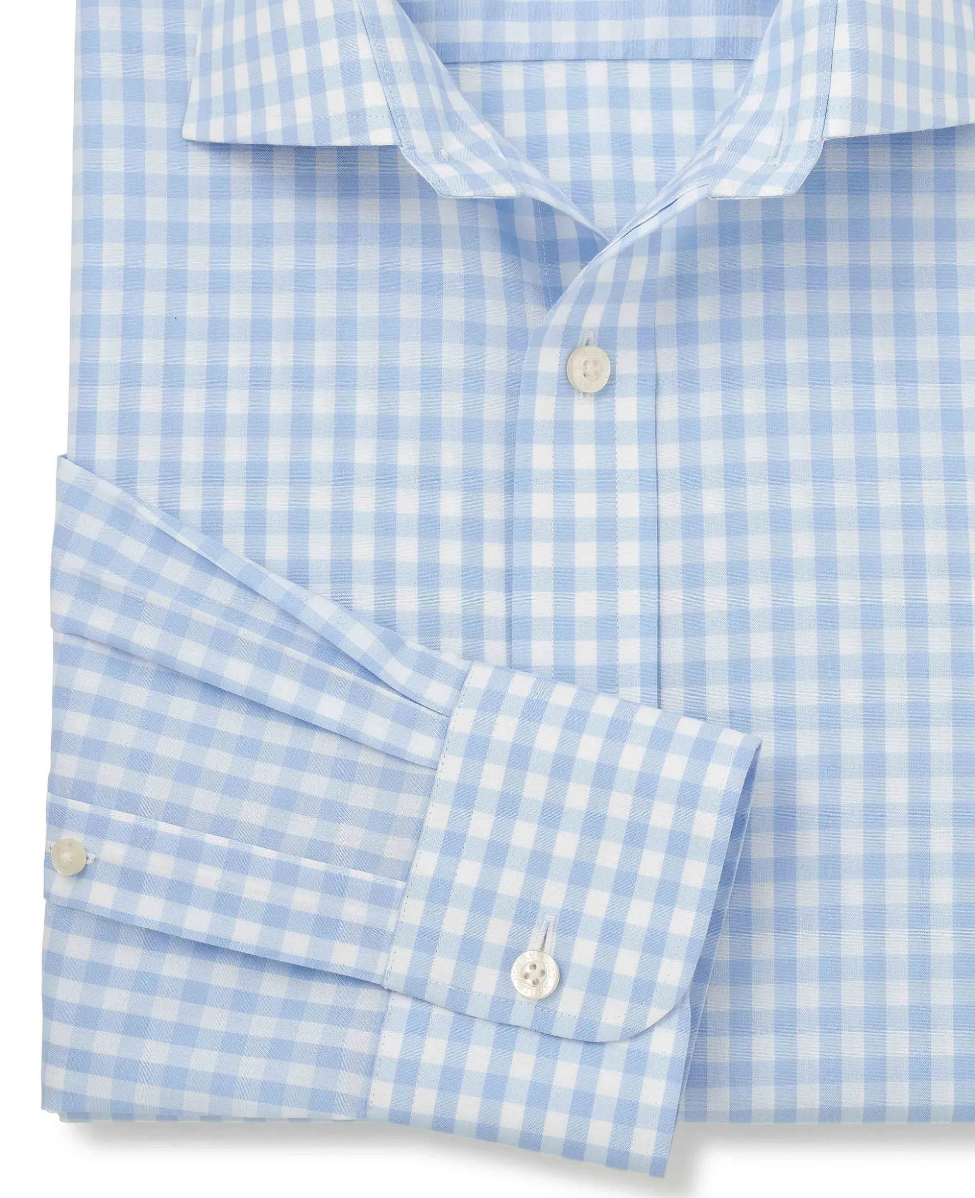 Light Blue Cotton Poplin Gingham Check Classic Fit Non-Iron Shirt - Single Cuff