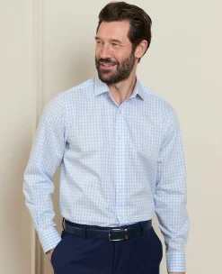 Light Blue Cotton Poplin Gingham Check Classic Fit Non-Iron Shirt - Single Cuff