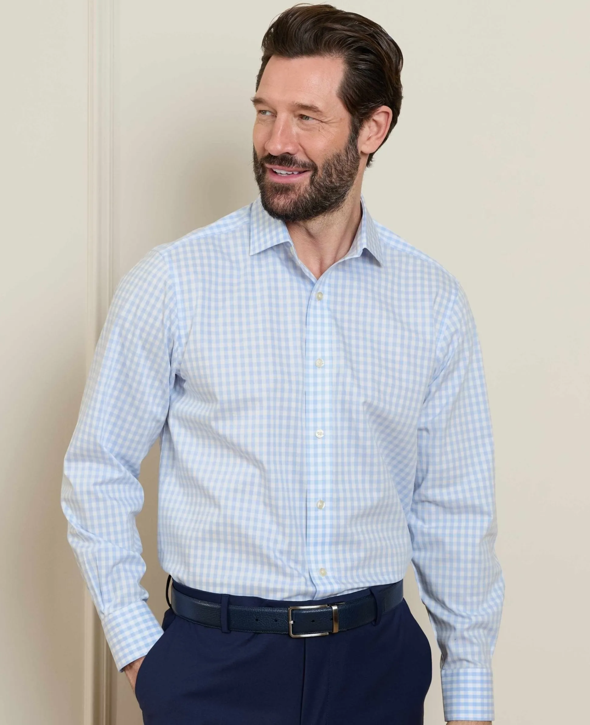 Light Blue Cotton Poplin Gingham Check Classic Fit Non-Iron Shirt - Single Cuff
