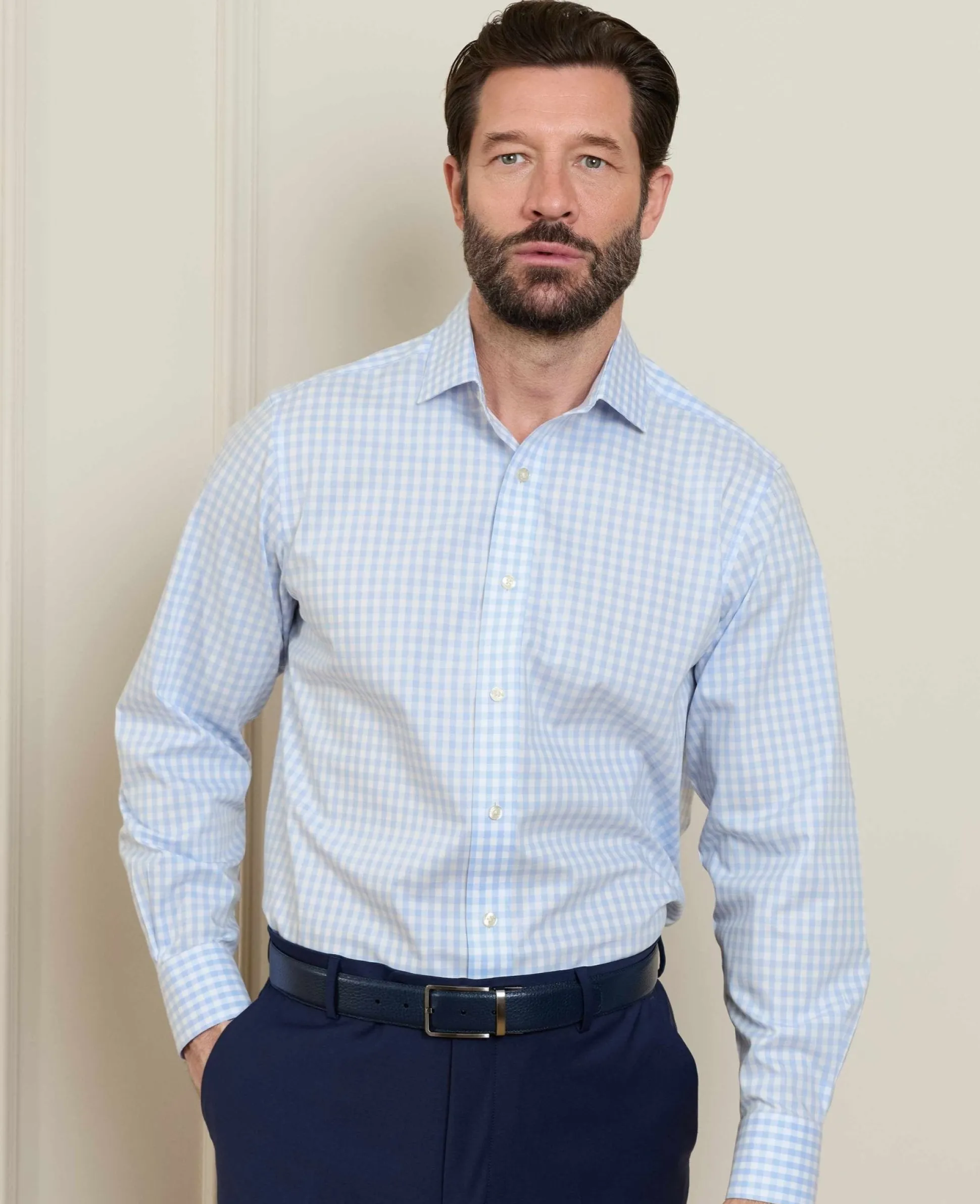 Light Blue Cotton Poplin Gingham Check Classic Fit Non-Iron Shirt - Single Cuff
