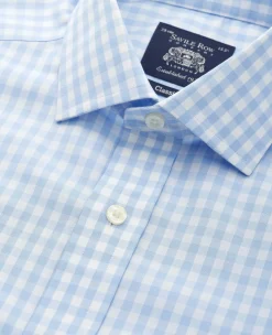 Light Blue Cotton Poplin Gingham Check Classic Fit Non-Iron Shirt - Single Cuff