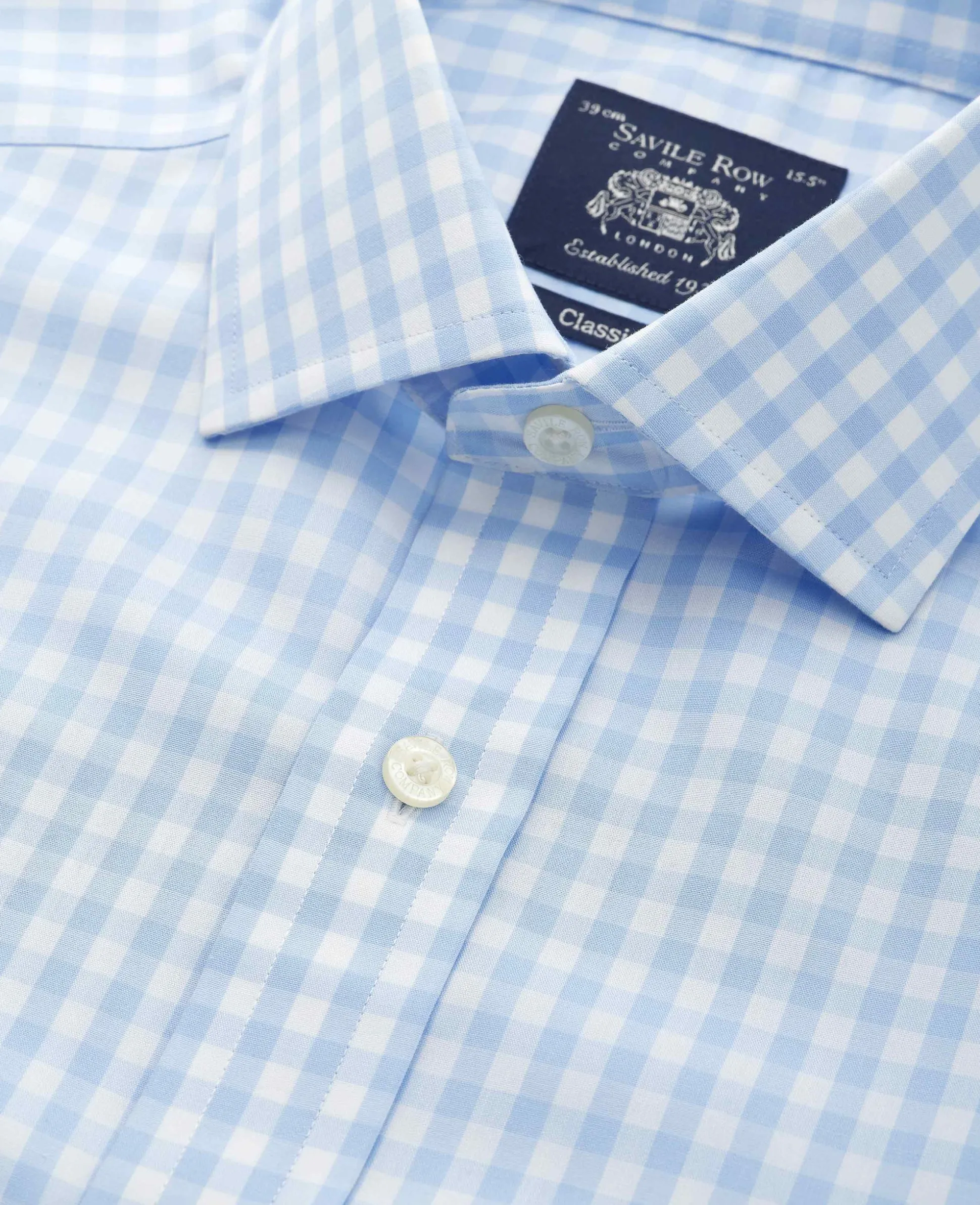 Light Blue Cotton Poplin Gingham Check Classic Fit Non-Iron Shirt - Single Cuff