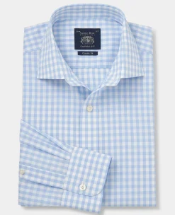 Light Blue Cotton Poplin Gingham Check Classic Fit Non-Iron Shirt - Single Cuff