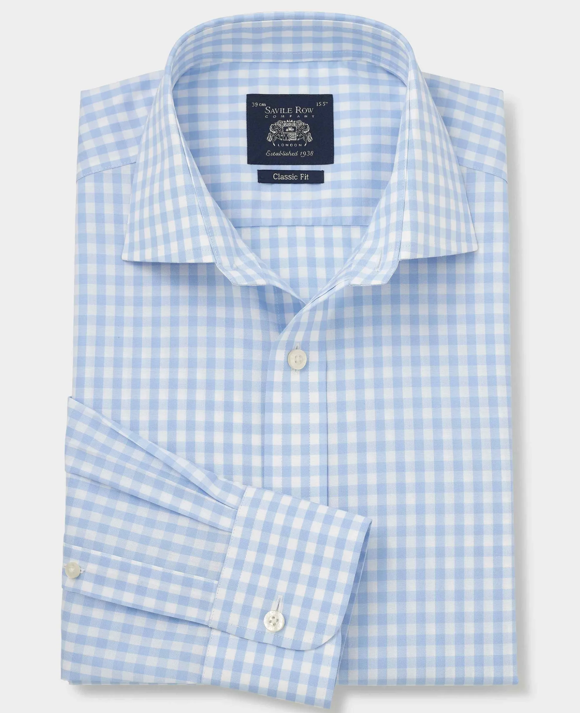 Light Blue Cotton Poplin Gingham Check Classic Fit Non-Iron Shirt - Single Cuff