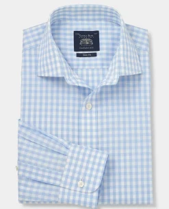 Light Blue Cotton Poplin Gingham Check Slim Fit Non-Iron Shirt - Single Cuff