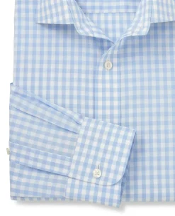 Light Blue Cotton Poplin Gingham Check Slim Fit Non-Iron Shirt - Single Cuff