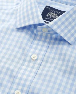 Light Blue Cotton Poplin Gingham Check Slim Fit Non-Iron Shirt - Single Cuff