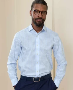 Light Blue Cotton Poplin Gingham Check Slim Fit Non-Iron Shirt - Single Cuff