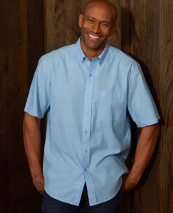 Light Blue Linen Cotton Classic Fit Button-Down Short Sleeve Casual Shirt