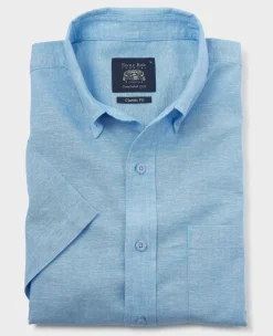 Light Blue Linen Cotton Classic Fit Button-Down Short Sleeve Casual Shirt