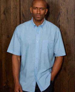 Light Blue Linen Cotton Classic Fit Button-Down Short Sleeve Casual Shirt