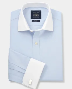 Light Blue Slim Fit Contrast Collar Shirt - Double Cuff