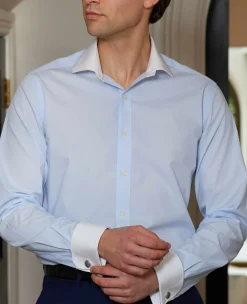 Light Blue Slim Fit Contrast Collar Shirt - Double Cuff