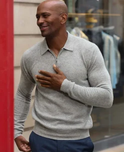 Light Grey Merino Wool Cashmere Zip Neck Long Sleeve Polo Shirt
