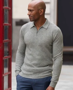 Light Grey Merino Wool Cashmere Zip Neck Long Sleeve Polo Shirt