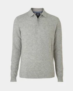 Light Grey Merino Wool Cashmere Zip Neck Long Sleeve Polo Shirt