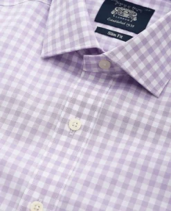 Lilac Cotton Gingham Check Slim Fit Formal Shirt - Single Cuff