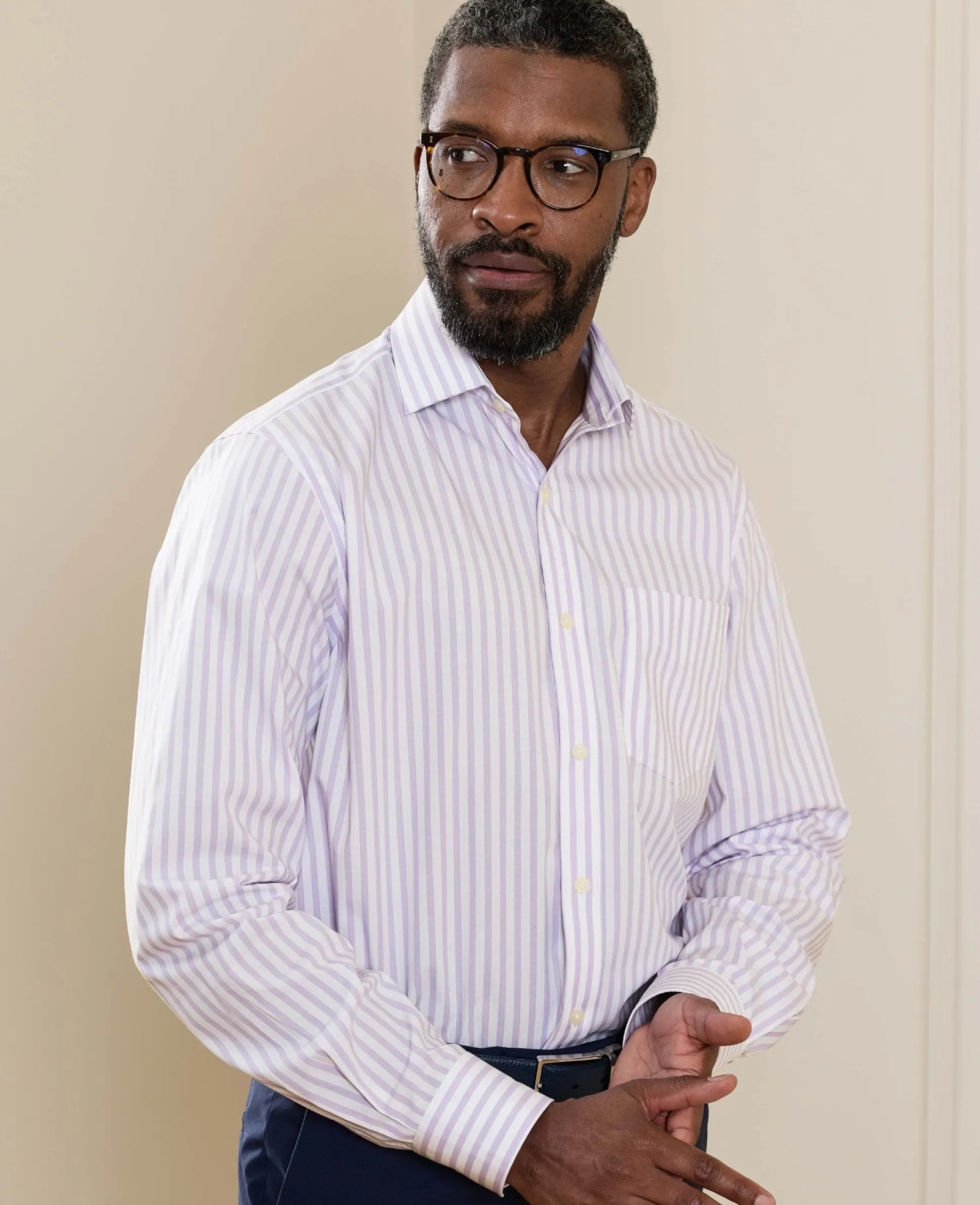 Lilac White Stripe Cotton Poplin Classic Fit Formal Shirt - Single Cuff