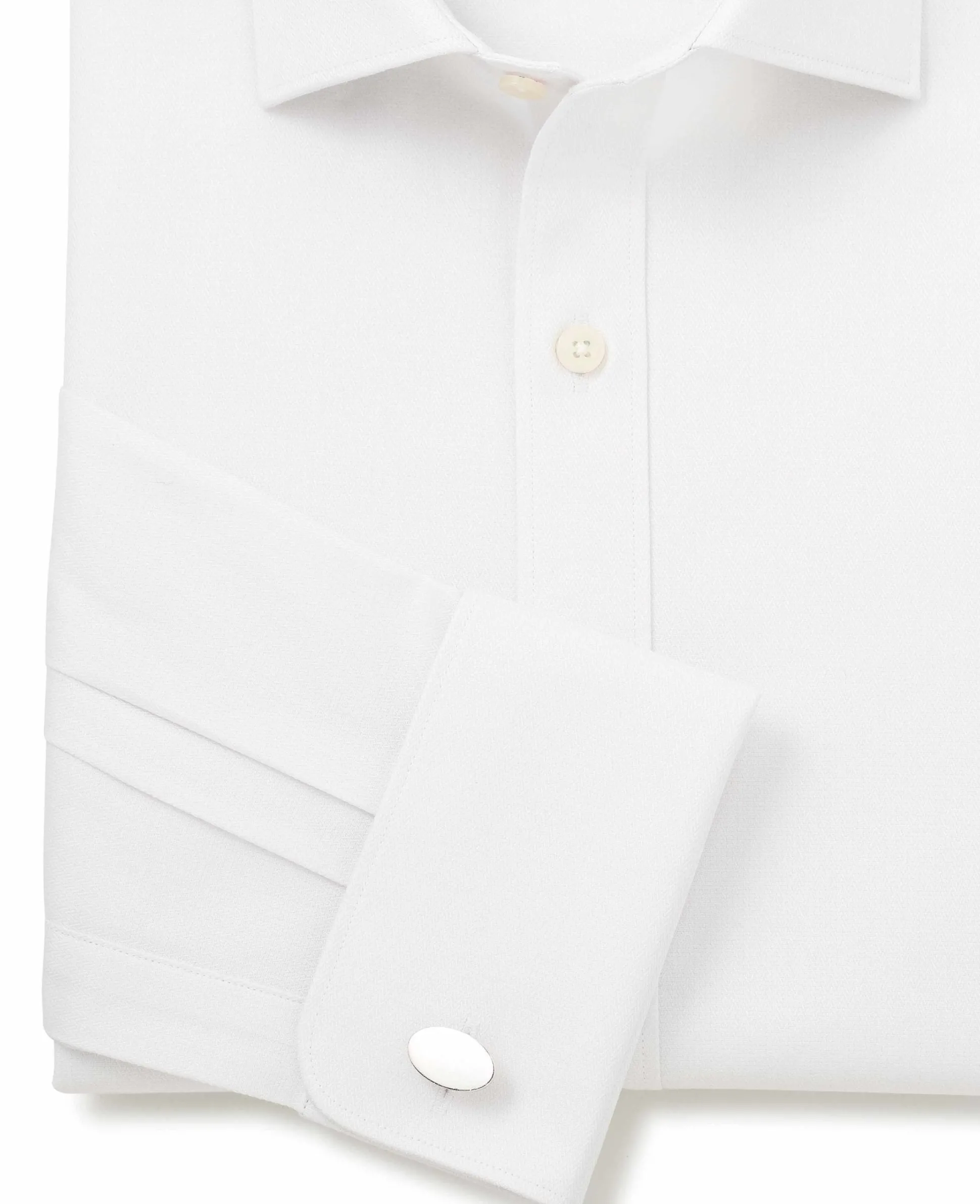 Natural White Cotton Herringbone Slim Fit Formal Shirt - Double Cuff