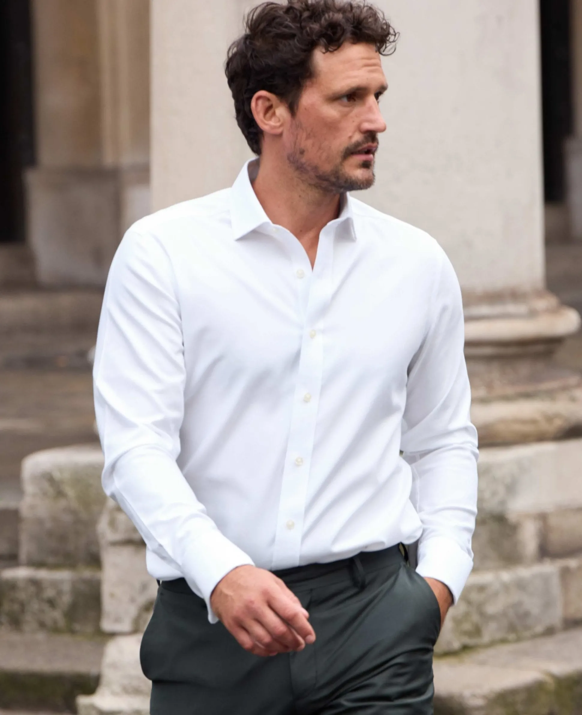 Natural White Cotton Herringbone Slim Fit Formal Shirt - Double Cuff