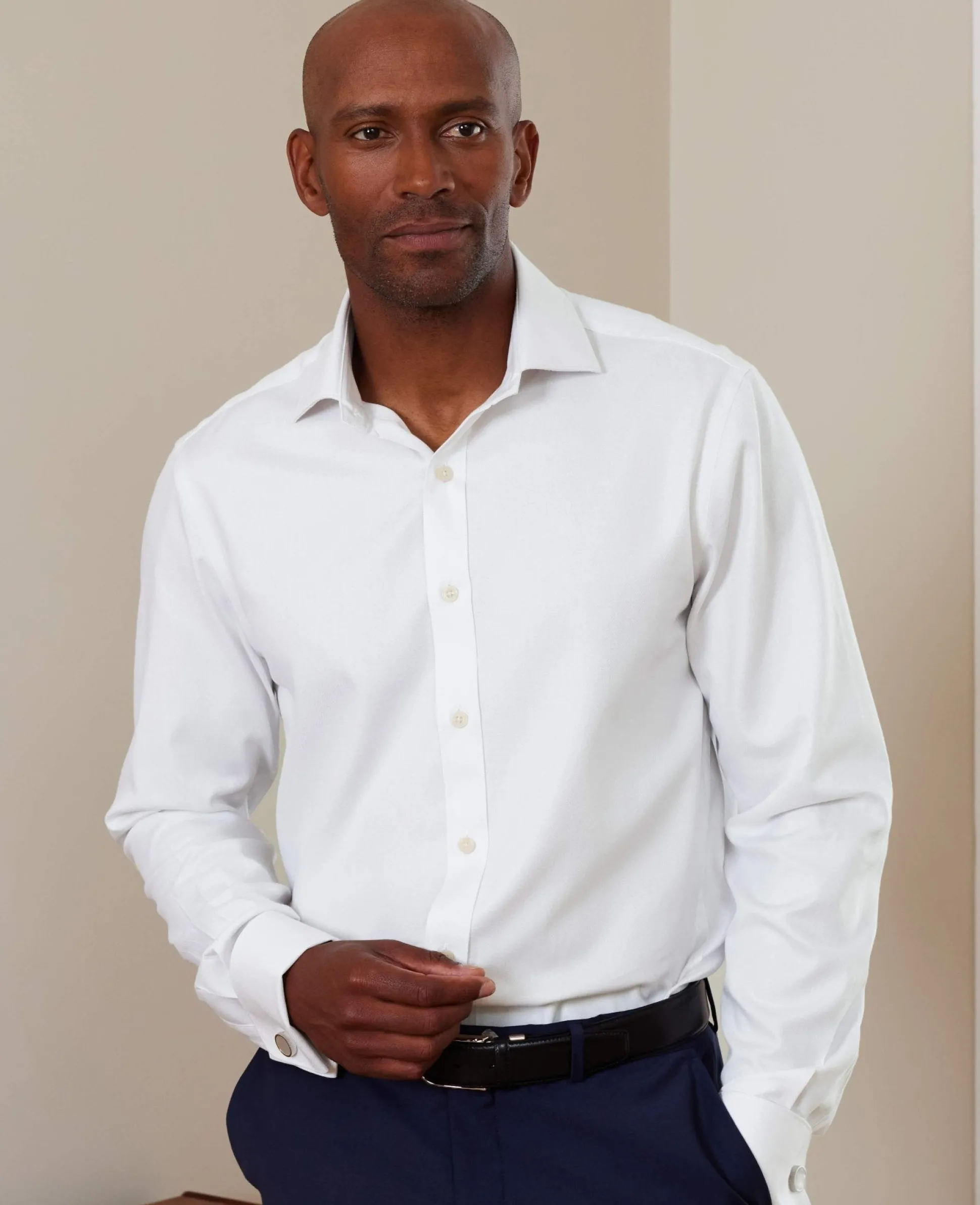 Natural White Cotton Herringbone Slim Fit Formal Shirt - Double Cuff