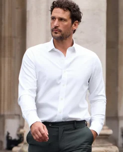 Natural White Cotton Herringbone Slim Fit Formal Shirt - Double Cuff