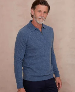 Navy Blue Merino Wool Cashmere Zip Neck Long Sleeve Polo Shirt