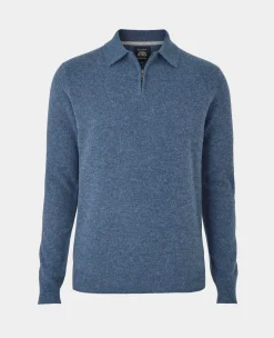 Navy Blue Merino Wool Cashmere Zip Neck Long Sleeve Polo Shirt