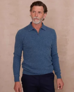 Navy Blue Merino Wool Cashmere Zip Neck Long Sleeve Polo Shirt