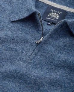 Navy Blue Merino Wool Cashmere Zip Neck Long Sleeve Polo Shirt