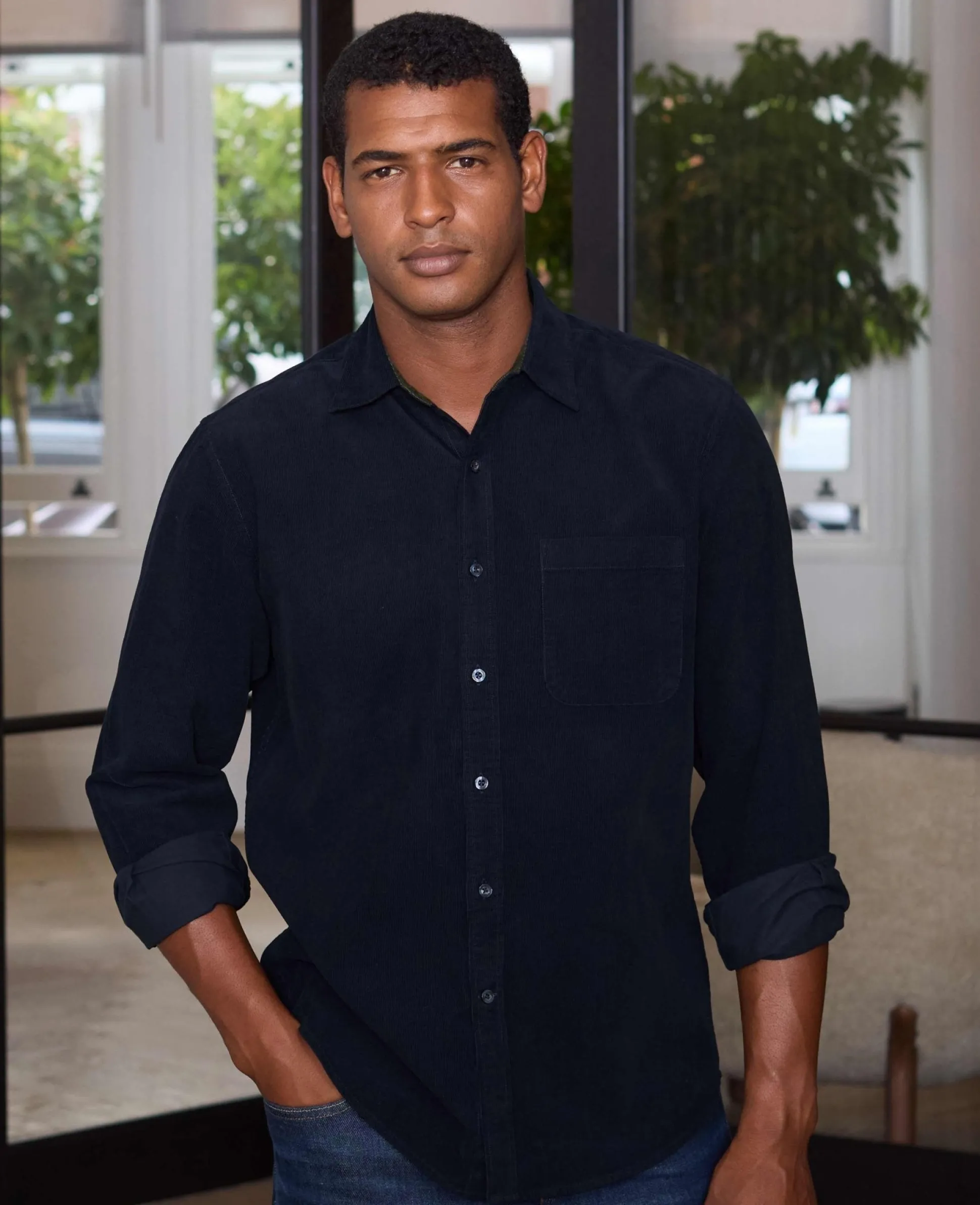 Navy Cotton Babycord Classic Fit Casual Shirt