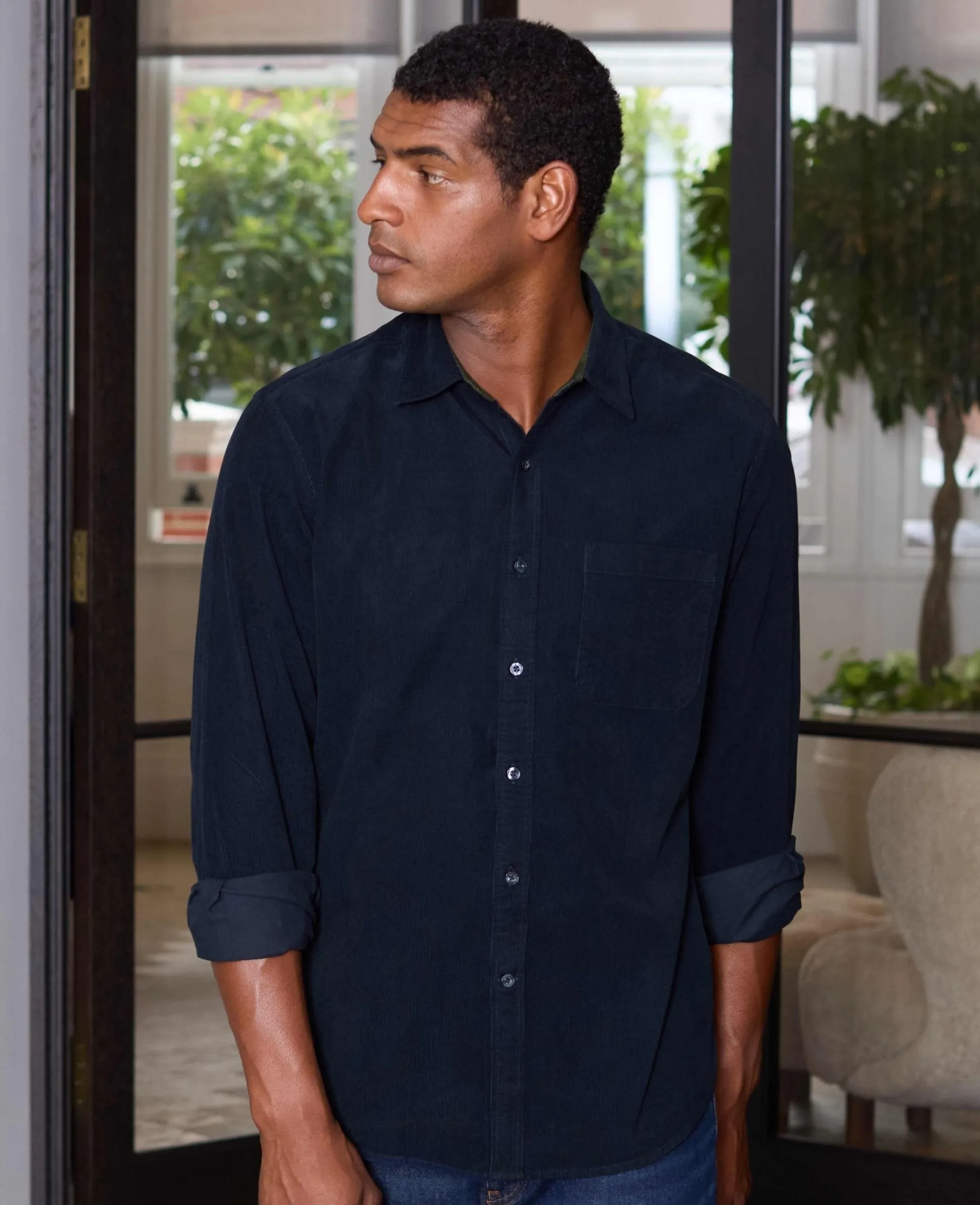 Navy Cotton Babycord Classic Fit Casual Shirt