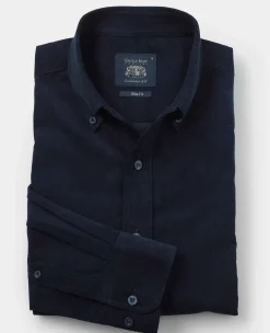 Navy Cotton Babycord Slim Fit Button-Down Casual Shirt