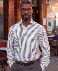 Navy Cotton Classic Fit Striped Formal Shirt - Double Cuff