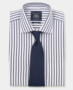 Navy Cotton Classic Fit Striped Formal Shirt - Double Cuff