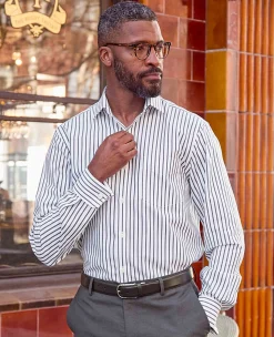 Navy Cotton Classic Fit Striped Formal Shirt - Double Cuff