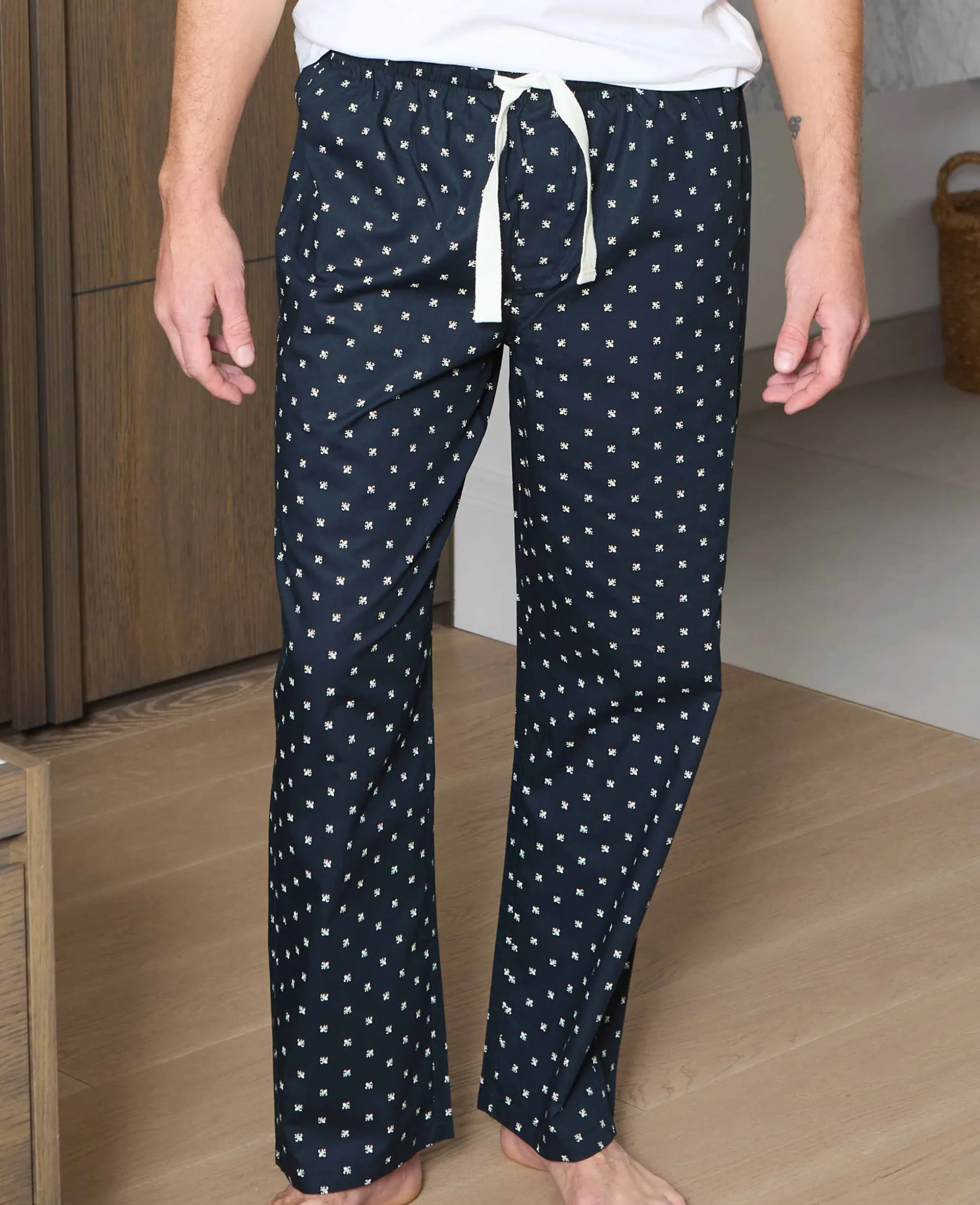 Navy Cotton Fleur De Lys Print Lounge Pants