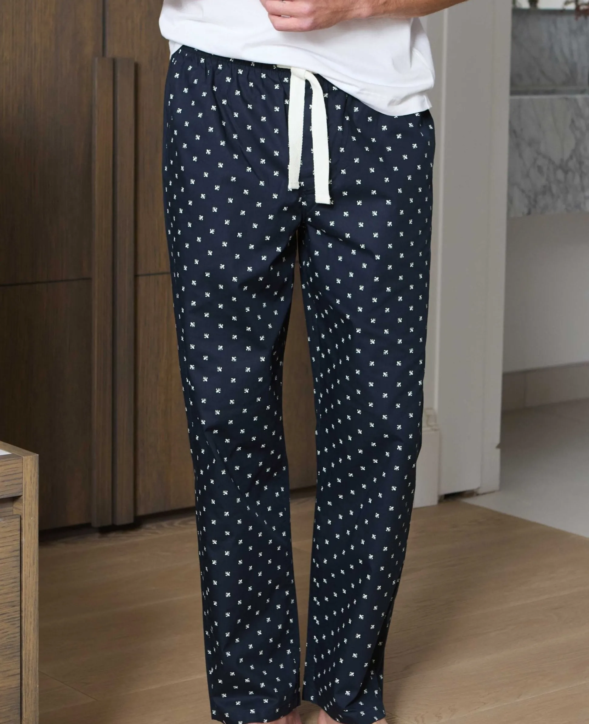Navy Cotton Fleur De Lys Print Lounge Pants