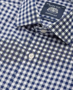 Navy Cotton Gingham Check Classic Fit Formal Shirt - Single Cuff