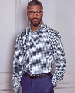 Navy Cotton Gingham Check Classic Fit Formal Shirt - Single Cuff