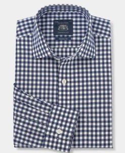 Navy Cotton Gingham Check Classic Fit Formal Shirt - Single Cuff