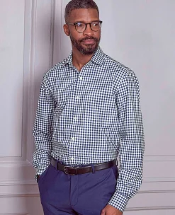 Navy Cotton Gingham Check Classic Fit Formal Shirt - Single Cuff