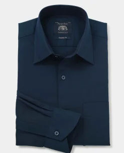 Navy Cotton Herringbone Classic Fit Formal Shirt - Single Cuff